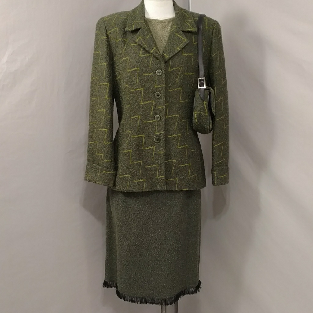 Vintage Skirt Suit W Matching Purse Green Weave Ensemble Usa Md Classic & Classy
